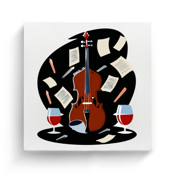 Fotoplátno čtverec s potiskem Koláž - housle, noty, víno 2